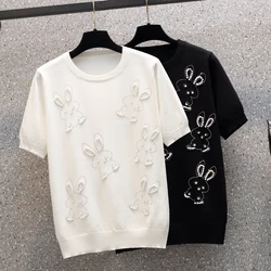 Vintage Knit Sweater T-shirt Women 2024 Summer Beading Elegant Fashion Ladies Knitwear Tee Short Sleeve O-neck Jumper Y2k Top