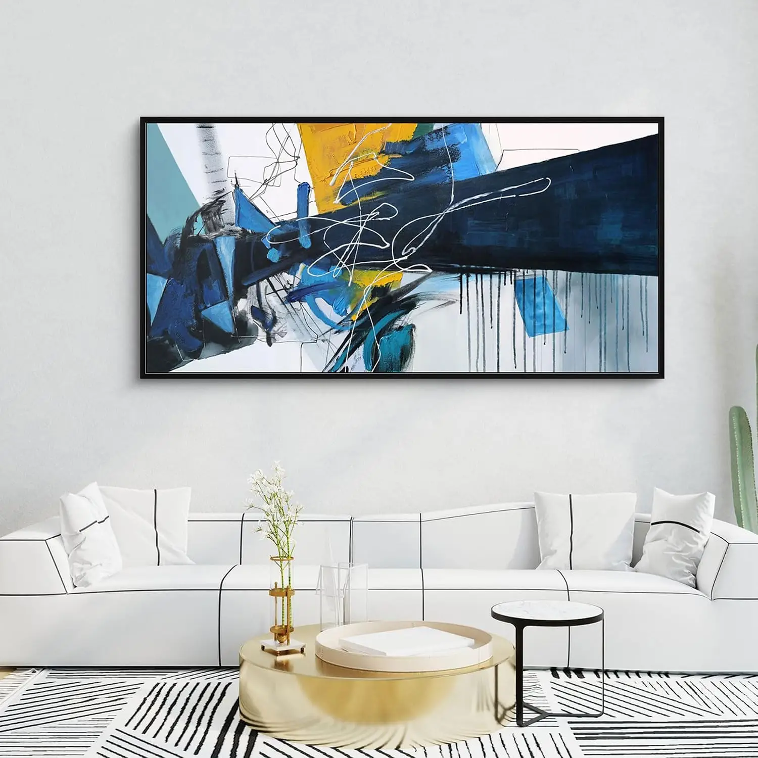Extra Large Framed Blue Abstract Canvas Wall Prints, Hanging Wall Decor for Living Room Bedroom Above Bed Indoor Space