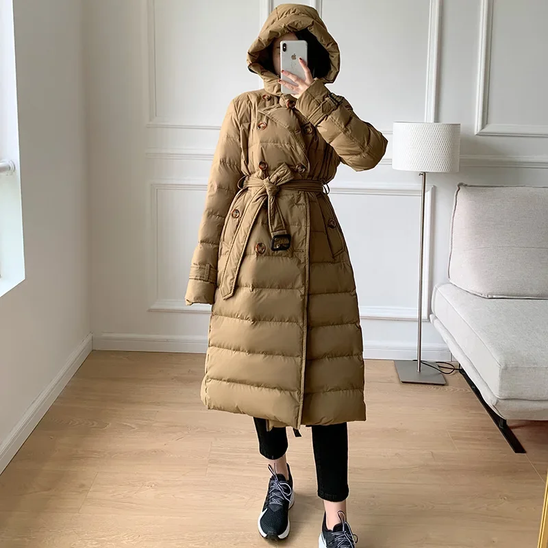 Winter New 90% White Duck Down Jacket Women 2024 Long Luxury Double Breasted Coat with Belt Thick Warm Hooded Windproof Parkas