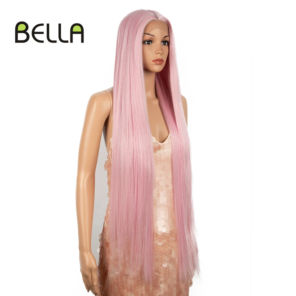 Bella Synthetic Lace Wig Straight Wig 38 Inch Super Long Straight Hair T Part Lace Wig Pink Blonde Brown Cospaly Wigs For Woman