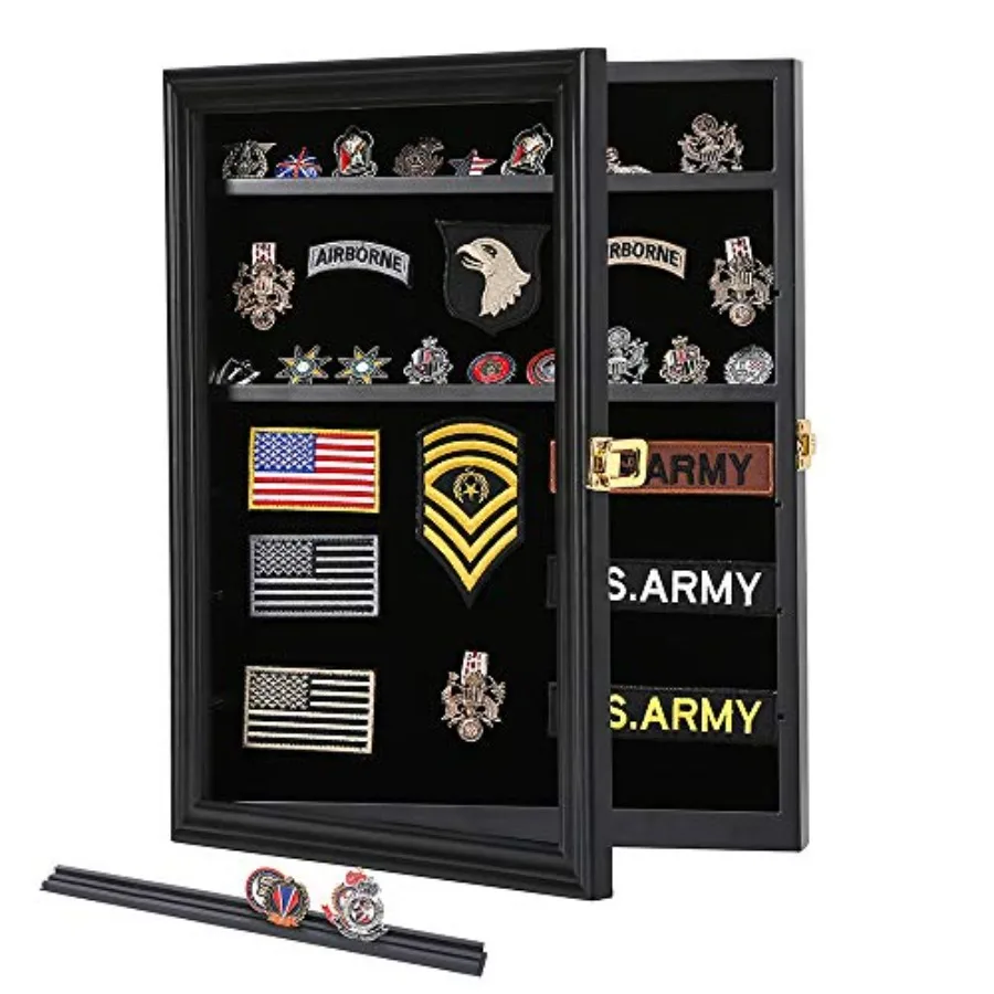 

Military Challenge Coin Medals Pins Collector Display Case Lockable Wall Frame Wood Cabinet Shadow Box with Removable Shelves a