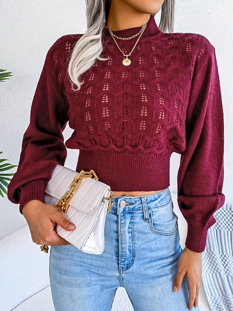 Autumn Winter Sexy Women\'s Sweater Fashion Knitted Long Sleeve Hollow Crop Top Casual Slim Sweaters Elegant Red Pullover 2023