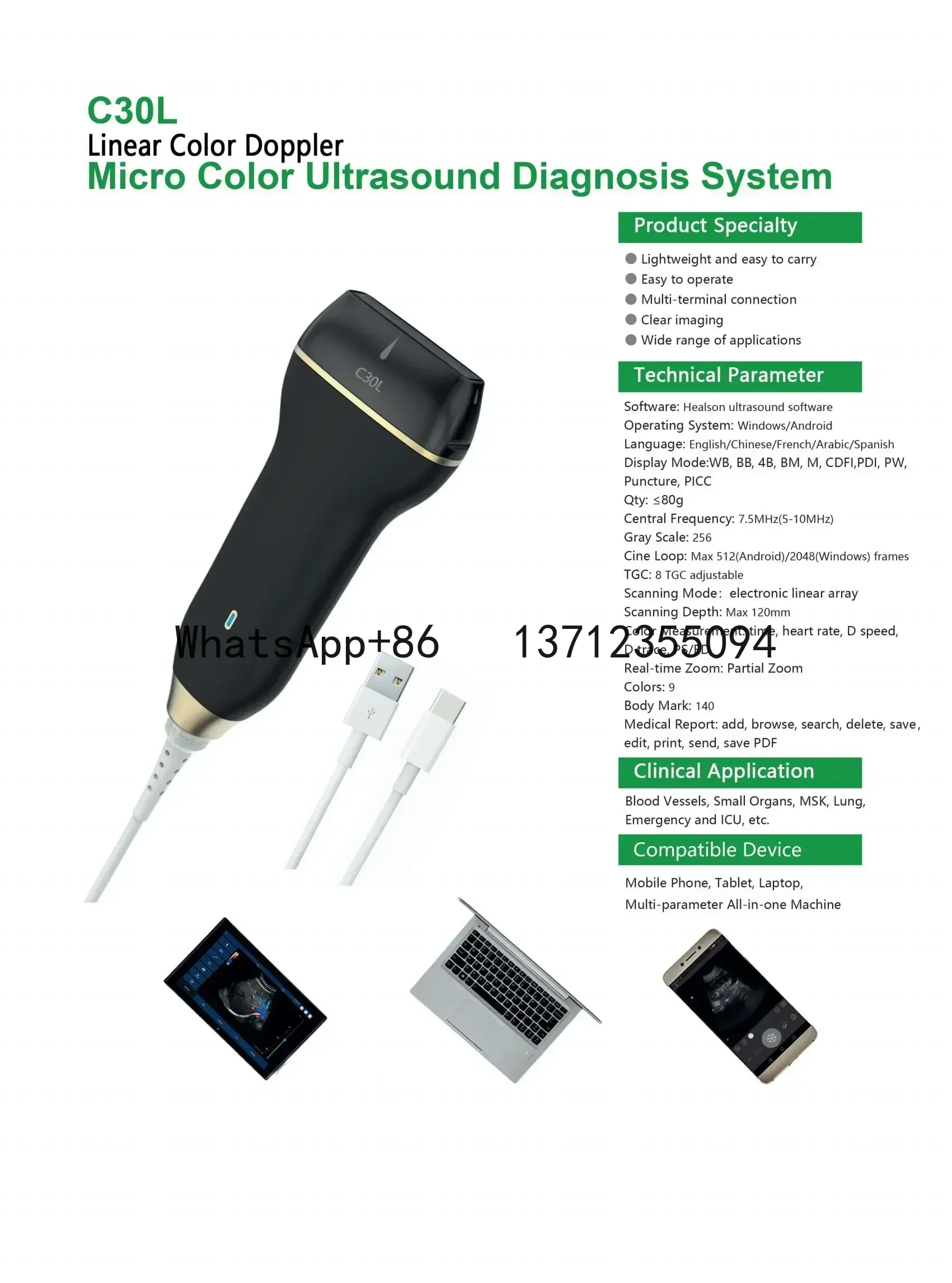 Pemindai Ultrasound Doppler Warna Gema USB Mini Tipe C Android Windows Probe Linier Cembung