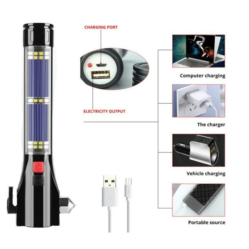 Multi-function USB Rechargeable Solar LED Flashlight Emergency Torch Safety Hammer Car Emergency Tool