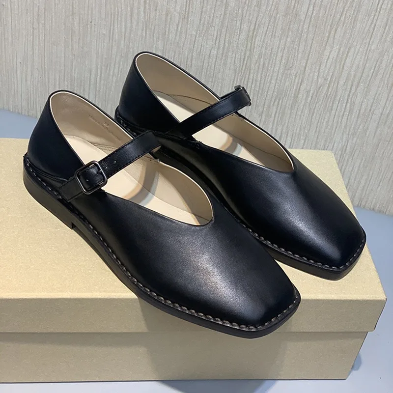 Niche Genuine Leather All Match Strappy Pumps New Retro Fashion Square Toe Mary Jane Shoe Lady Flat Casual Mocasines Female