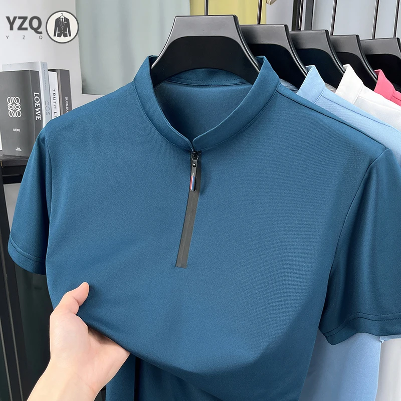 Herren Mode Halbzip-Stehkragen-Kurzarm-T-Shirt aus Eisseide, Atmungsaktiv, Sommer-Freizeitkleidung