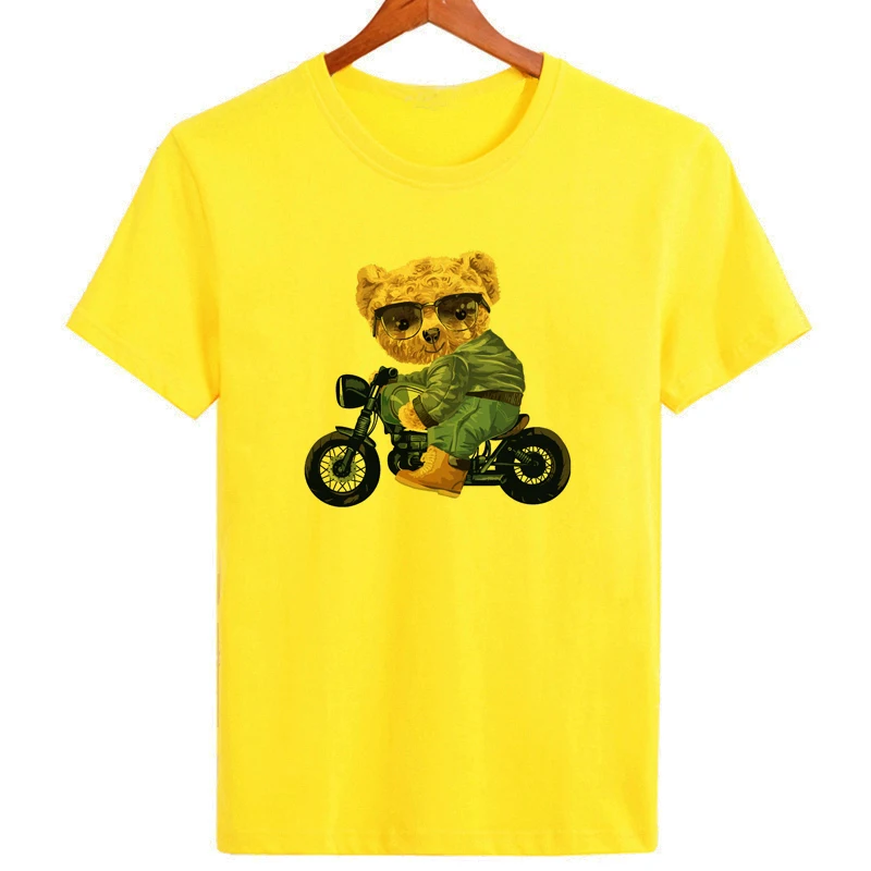 Teddy Bear Riding Motorcycle Cool T-shirt Short Sleeve Tees Oversized Shirt Summer Cool Tops for Men