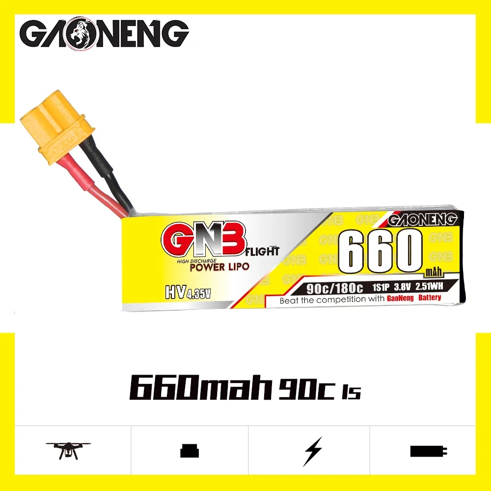 

GAONENG GNB 660mAh HV 1S 90C 180C 3.8V Cabled XT30 LiPo Battery Yinywhoop Tiny7 PowerWhoop Cockroach Quadcopter