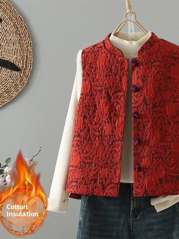 

Thiened New Chinese Sle Jaet Embroidered Cotton Vest Svel Stand Collar Crop Top for Women Retro Button up