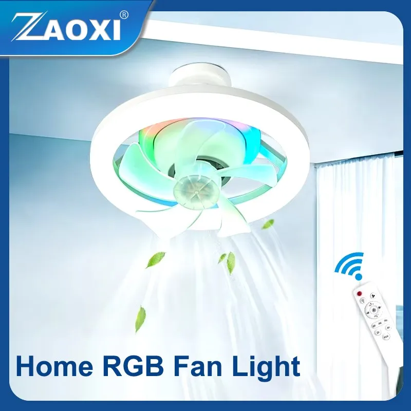 

ZAOXI E27 85-265V Home Small Ceiling Fan Light New Shaking Head RGB Living Room Dining Room Bedroom Indoor Lighting LED Light