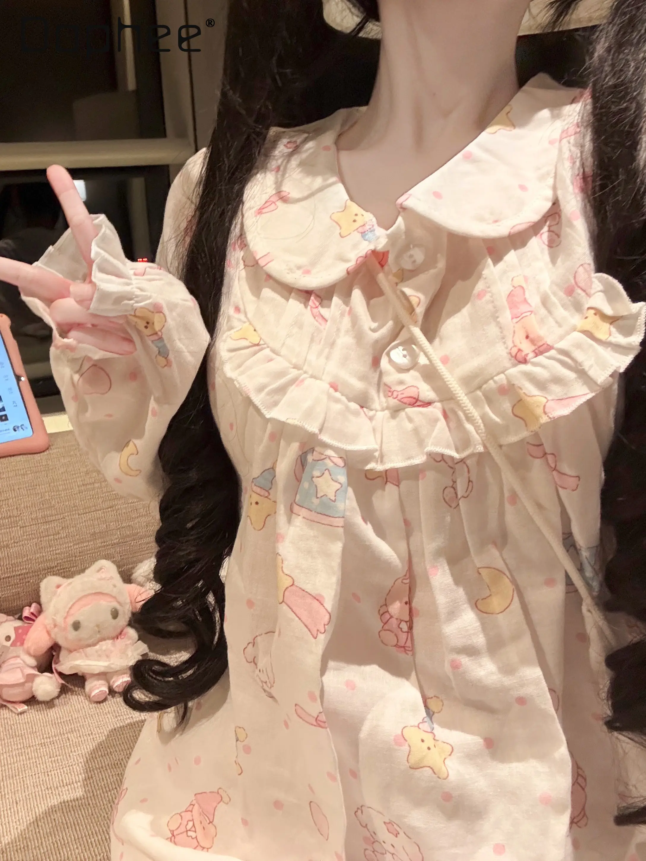 Original Japanese Style Sweet Cute Girl's Lolita Pajama Set Kawaii Cartoon Print Two-piece Set Loungewear For Women Sleepwear