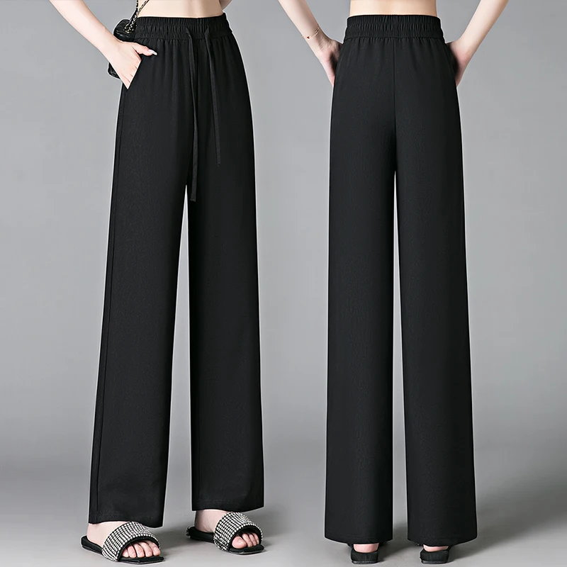 Summer New Versatile Ice Silk Narrow Edition Wide Leg Pants Women'S High Waist Skinny Comfortable Casual Straight Leg Trousers
