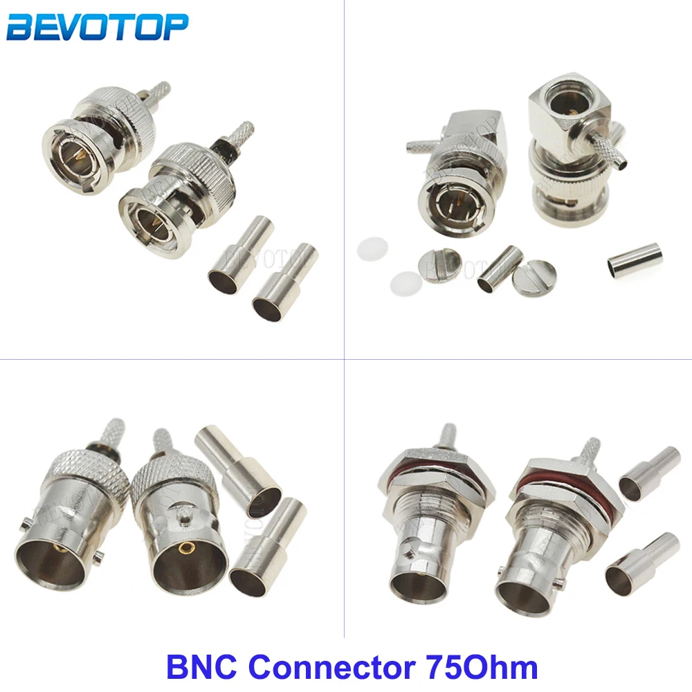 10Pcs/Lot BNC Male Plug/BNC Female Jack 75 Ohm RF Coax Connector Window Q9 Crimp for RG-179 RF Coaxial Cable BNC Connector