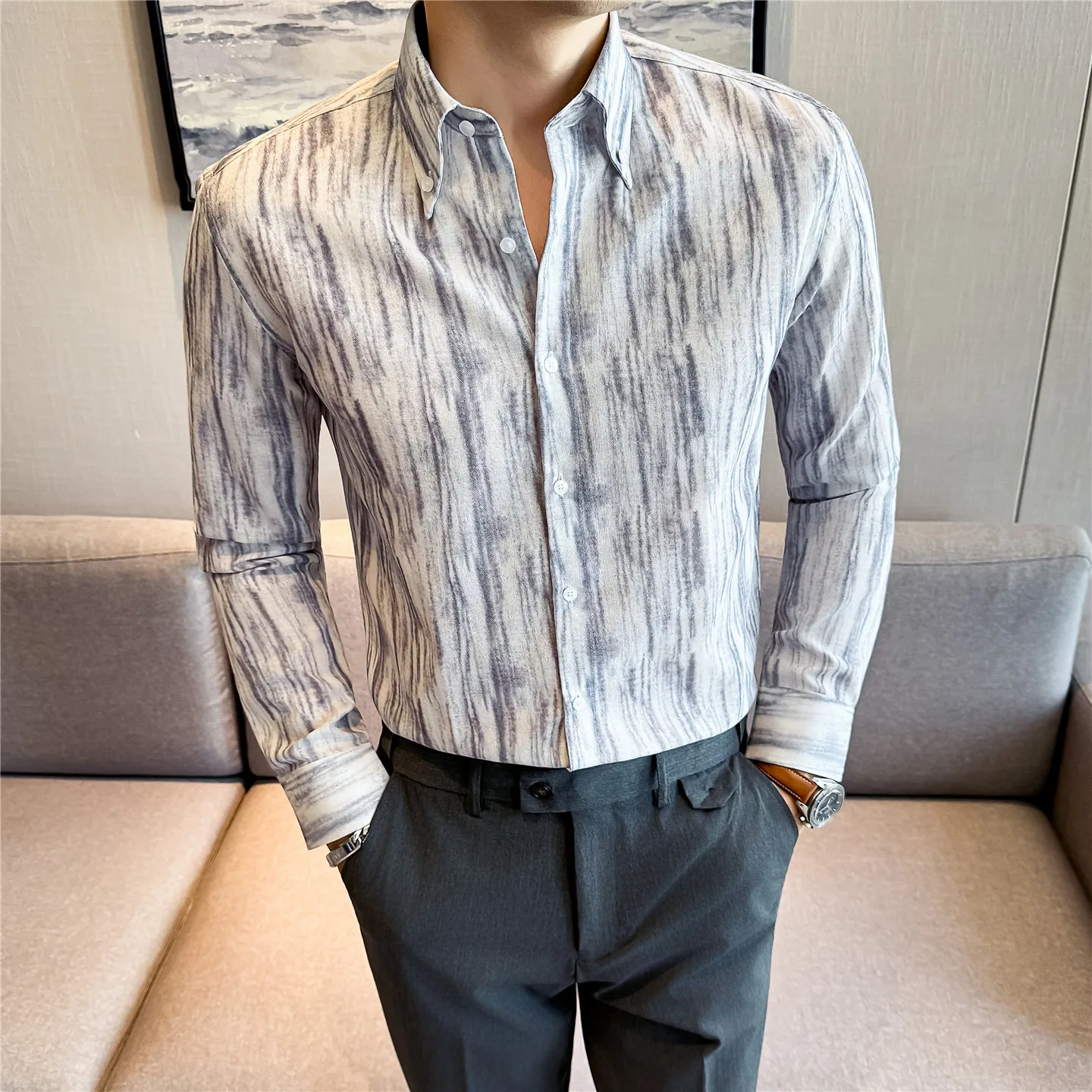 

Men's Long Sleeve Lightweight Casual Shirts High Quality Cotton Linen Slim Fit Striped Youthful Vitality Breathable Shirt Men