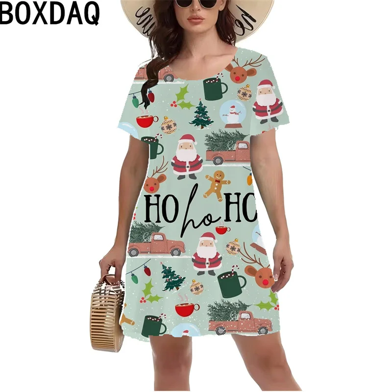 Nowa damska sukienka świąteczna 3D Funny Santa Claus Cute Party Mini Dress Women O-Neck Short Sleeve Casual A-Line Dress Vestidos