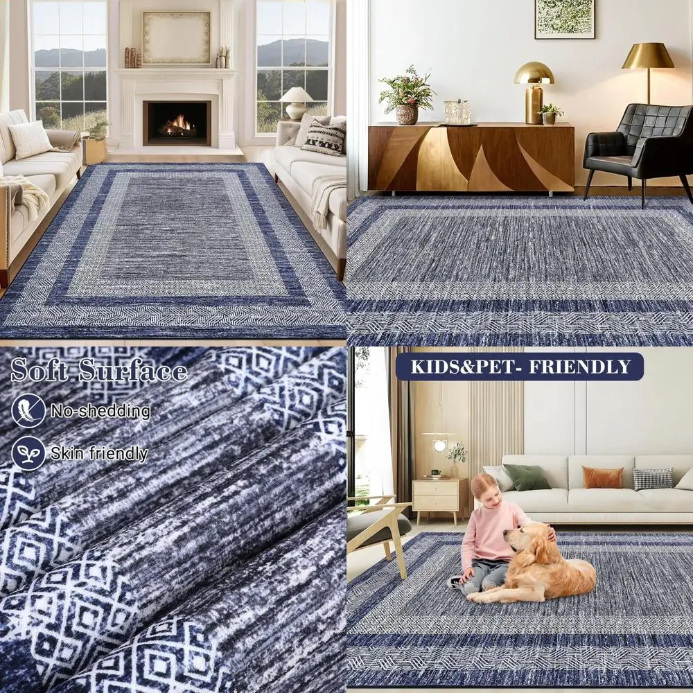 

Large Navy Blue Modern Area Rug - 9x12, Distressed Border, Soft, Non-Shedding, Geometric Design, Washable, Non-Slip Floor Carpet