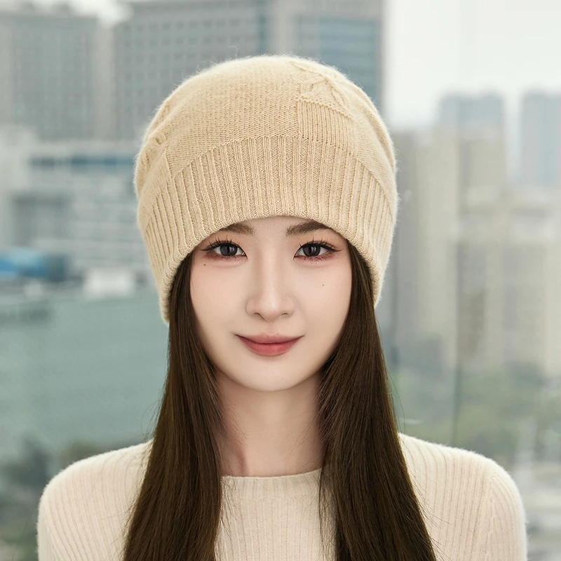 Ladies' Winter Double layer Thickened 100% Pure Cashmere Knitted beanie Elegant Solid Color Outdoor Warm and Windproof Bean Hat