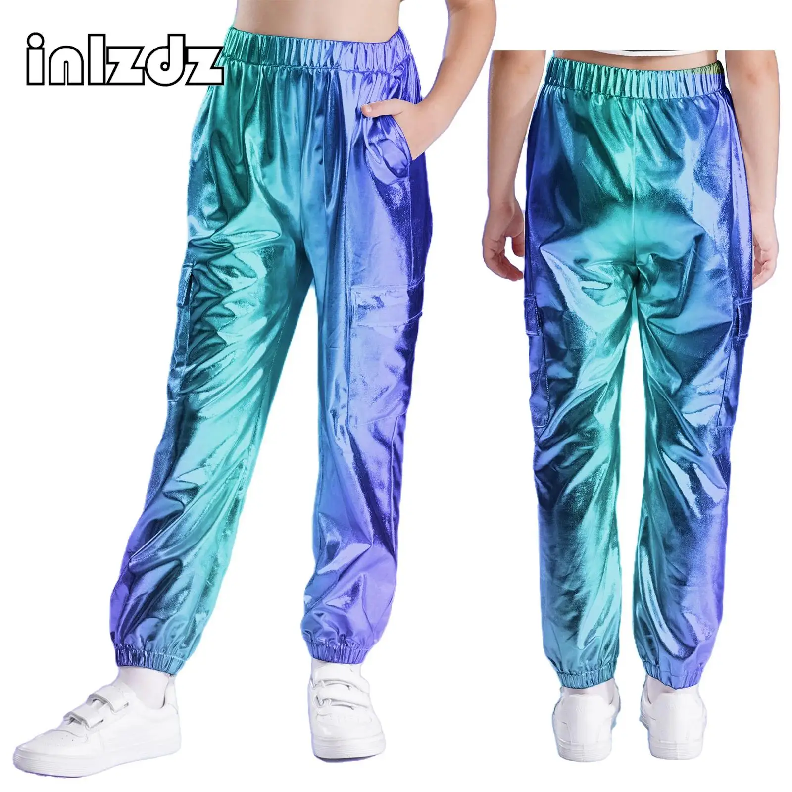 

Boys Girls Hip Hop Dance Wear Metallic Shiny Jazz Costumes Elastic Waistband Pants Harem Pants for Moden Jazz Street Dance