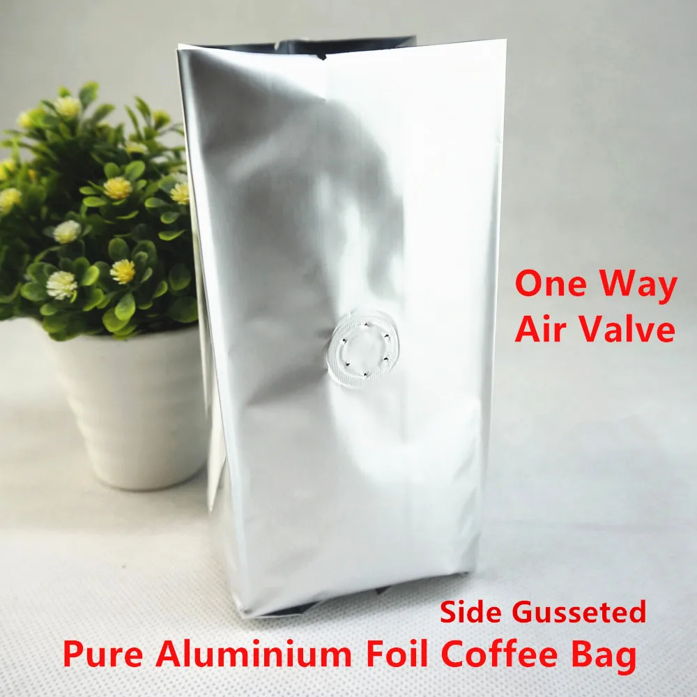 

50pcs Sides Gusseted Pure Aluminum Foil Coffee Packaging Bags with Air Valve, Tea Pouche with Breather Heat Seal One-vent-Valve