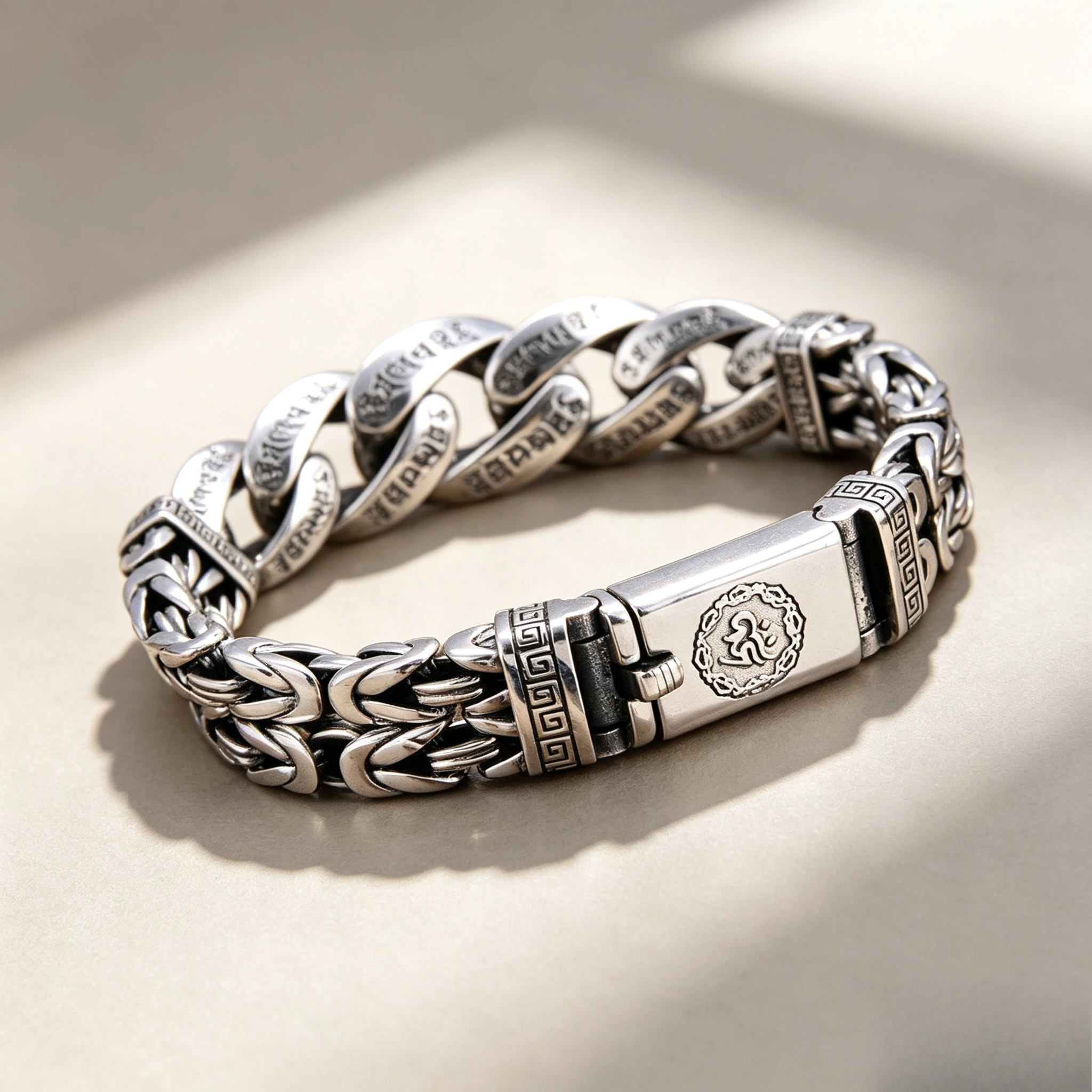 Men Vintage Tibetan Mantra Mixed Chain Bracelet Om Mani Padme Hum Curb & Braided Link Om Symbol Box