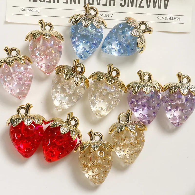 10 buah 3D Bling stroberi akrilik anting pesona campuran putih merah Fuit liontin DIY untuk gantungan kunci Eardrop perhiasan membuat