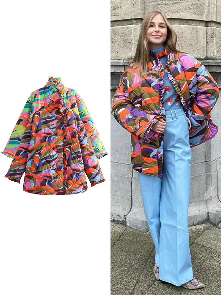 TRAF Women\'s Colourful Pleated Printed Cotton Jacket Elegant Standing Collar Long Sleeve Jacket Warm Retro Fashion Women Jacket