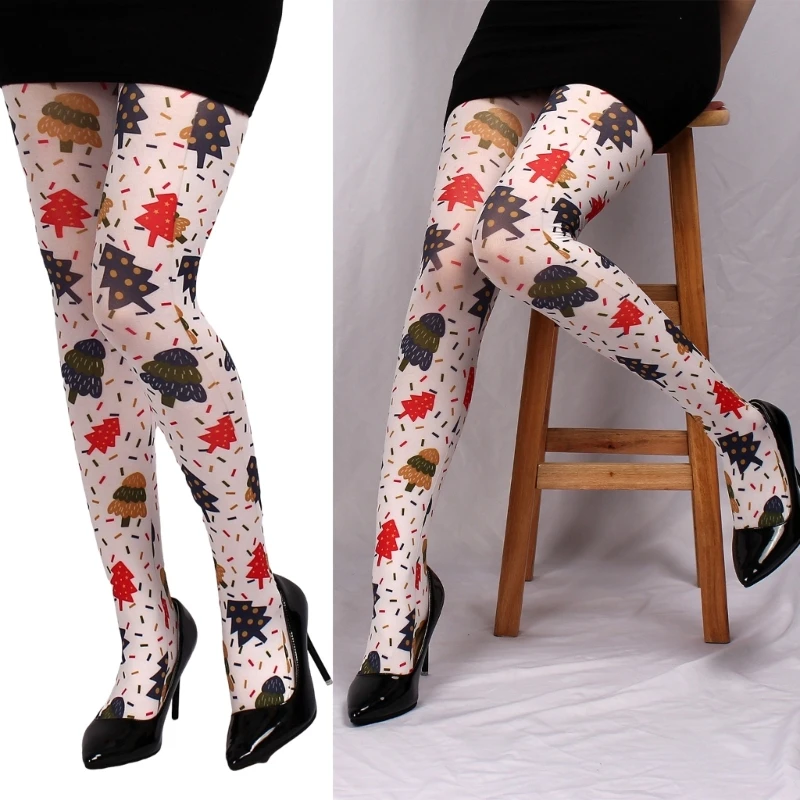 Christmas Tree Patterned Leggings Pantyhose for Women Festival Holiday Themed Silk Opaque Full Length Tights Stockings