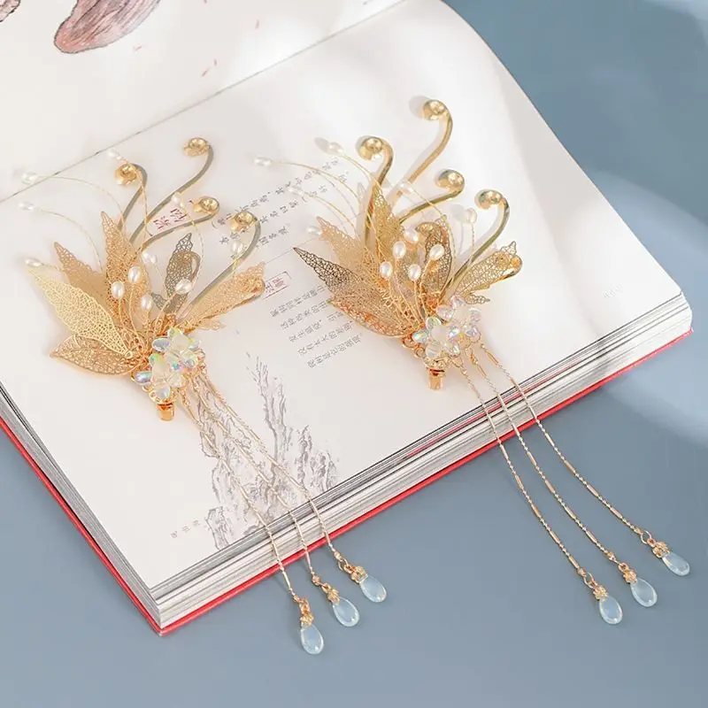 Gold Color Metal Flower Leaf Hairpins Hair Clips Long Tassel Ancient Chinese Hairgrips Bride Noiva Wedding Hair Accessories