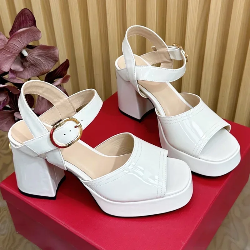 

Patent Leather Suede Platform Slingback Sandals Sexy Square Toe Square Heel Buckle Strap New Arrivals Fashion Women Runway Shoes