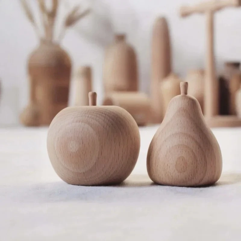 Handmade Solid Wood Ornaments Artificial Apple Pear Sculpture Beech Wood Statue Miniatures Home Accessories Decoration Crafts