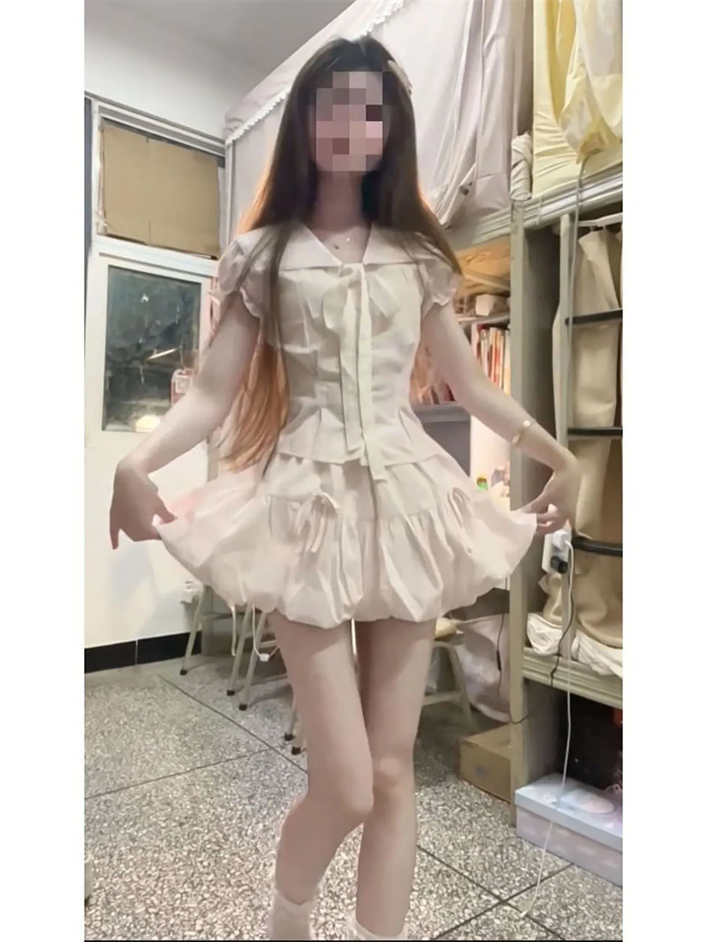 

Summer Gentle Sweet School Style Bow Tie Bubble Sleeve Top with Pink Flower Bud Skirt Women Student Two Piece Set Fashionable...