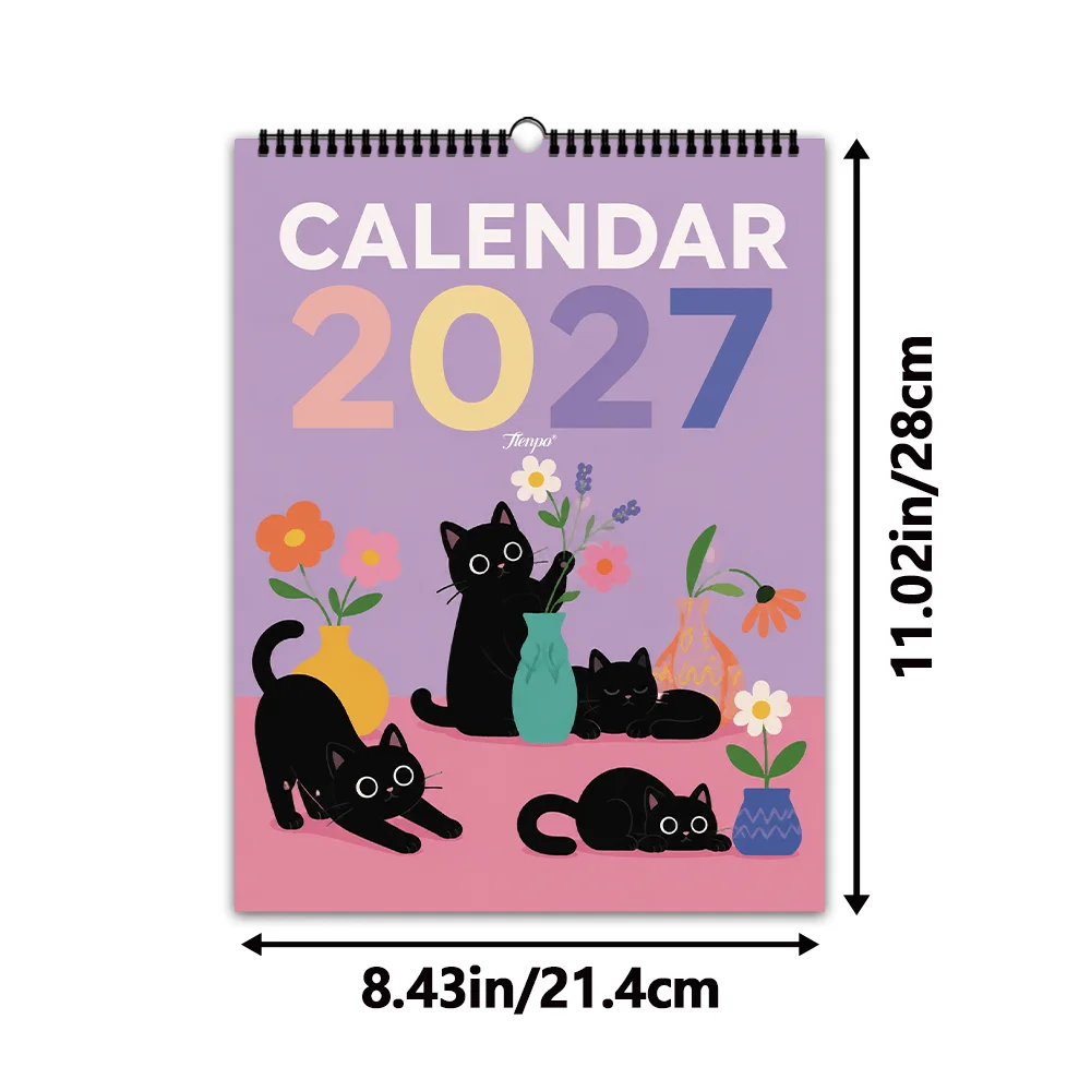 1pc 2027 Wall Calendar,Minimalist Black Cat Floral Theme,12-Month Monthly Planner,Perfect Gift for Birthdays,Christmas, New Year