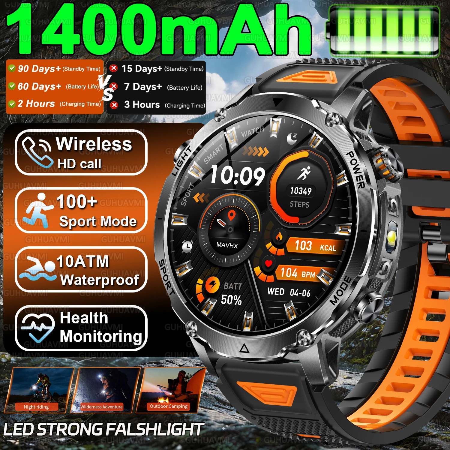 

2026 New Outdoor Military 1400mAh Battery Smart Watch 10ATM Waterproof Flashlight HD BT call Sports Blood oxygen Smart Watch Men