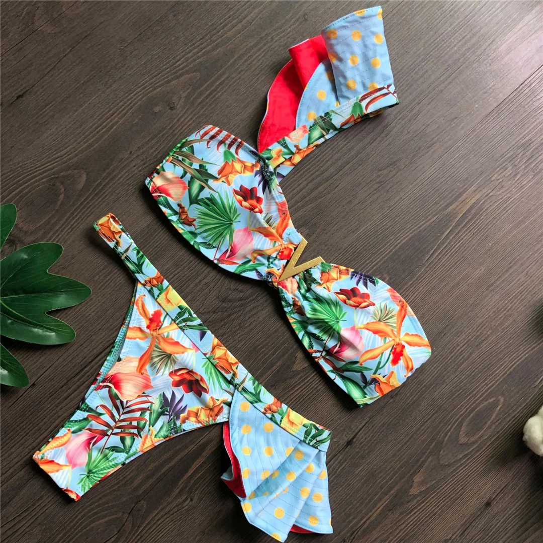 Blumenmuster, einseitiger Bikini, Damen-Badebekleidung, zweiteiliger Bikini-Set, Badeanzug mit Rüschen, Badebekleidung, Badeanzug, Modell V8049. – Detail 5