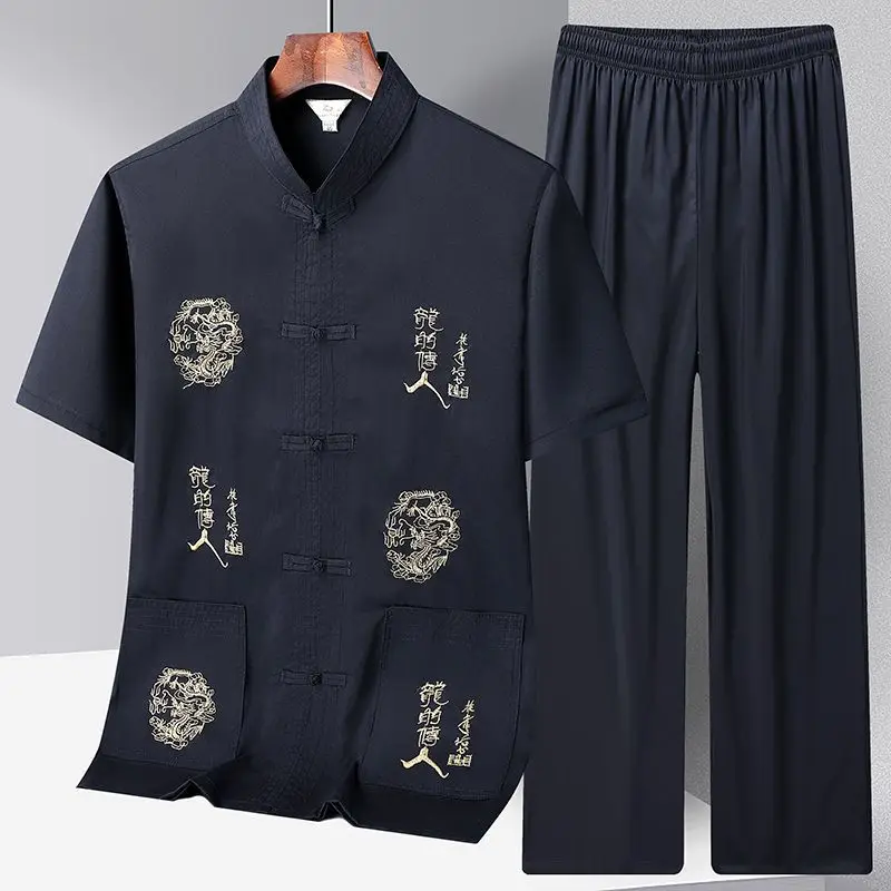 Chinese Stand Collar Tang Suit Men Short Sleeve Pants Vintage Hanfu Clothing Hand Button Casual Kong Fu Clothes