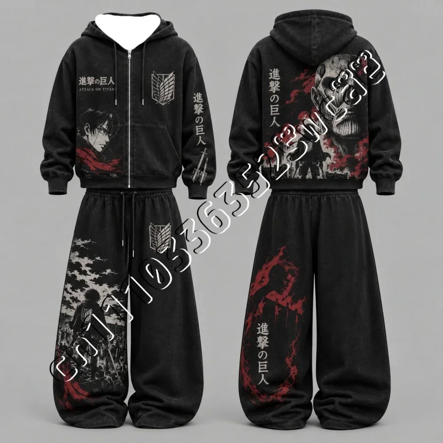 New Attack on Titan Zip Up Hoodie Set Autumn Winter Trendy Unisex Street Fashion 2 Piece Outfit 26/27 FamilyMatching