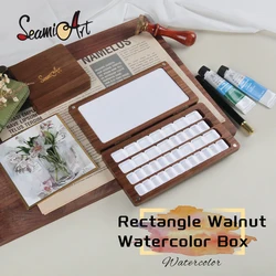 SeamiArt 1pc Black Walnut Wood Rectangle Painting Box with Palette Half Pans for Watercolor Subpackage Storage Art Supplies