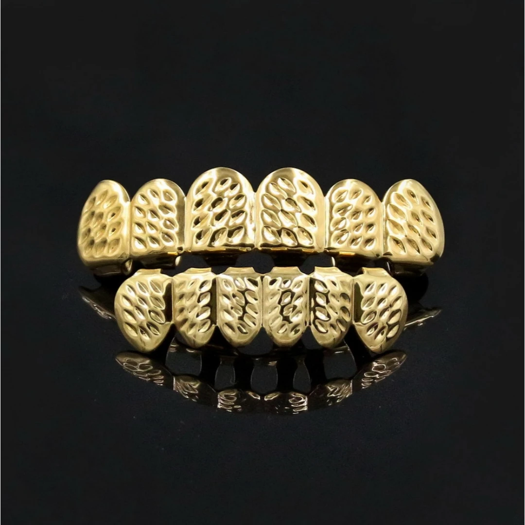 New Gold Color Plated HipHop D-Cut Teeth Grillz Caps Set for Women & Men Fit Top & Bottom Grill Set for Christmas Party