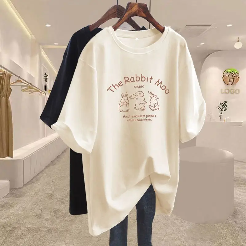 Lady Loose Top Tee Summer O-neck Pure Cotton Short Sleeve Basics Pullover Women Letter Cartoon Chic Printed T-shirt