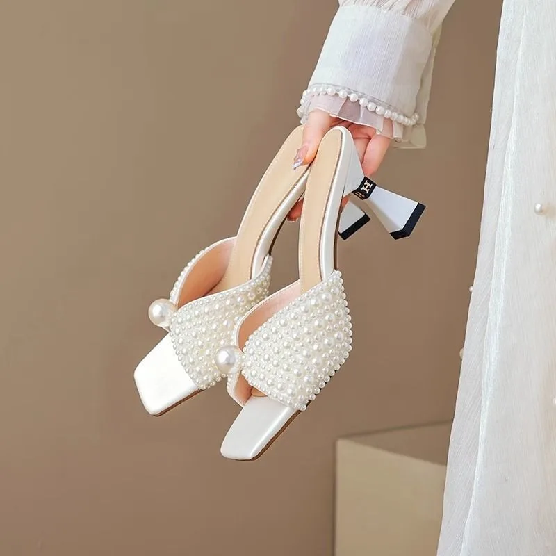 

Luxury Women's Shoes Fashion Banquet Pearl High Heels High-end Designer Shoes for Women High Heel Pumps Square Head Wedding Shoe