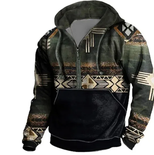 Western Aztec Hoodies for Men Ethnic Print Graphic Half Zip Pullover Sweatshirts