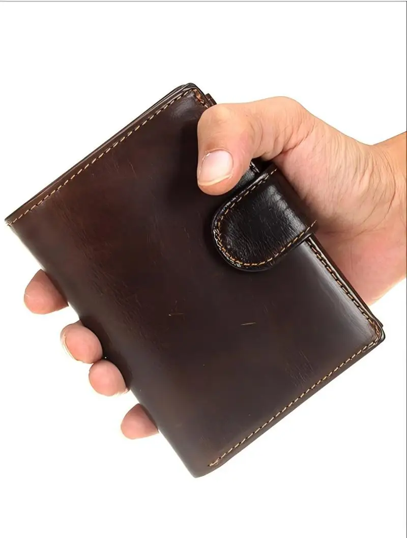 RFID Blocking Men Wallet Top Grain Cowhide Retro Trifold Multi Card Slots Coin Pocket Snap Closure Large Capacity Purse