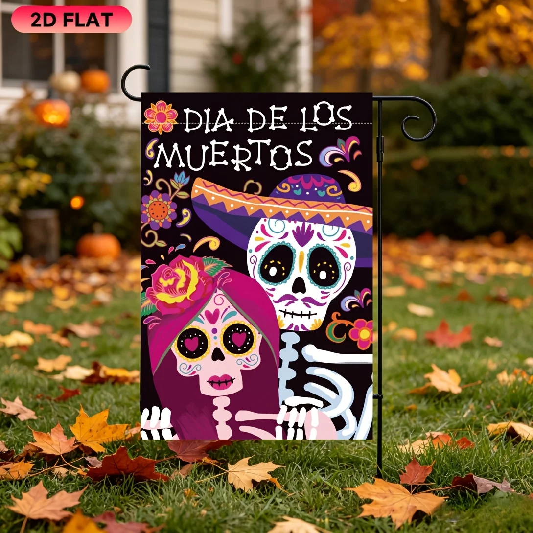 2D Flat Garden Flag 1 Piece, Painted Sugar Skull Garden Flag, Halloween Celebration Flag, Durable Polyester Material, Very Suitable for Garden, Lawn, Yard, Home, Outdoor, Beach Decoration Flags, Halloween Celebration Decoration Flags
