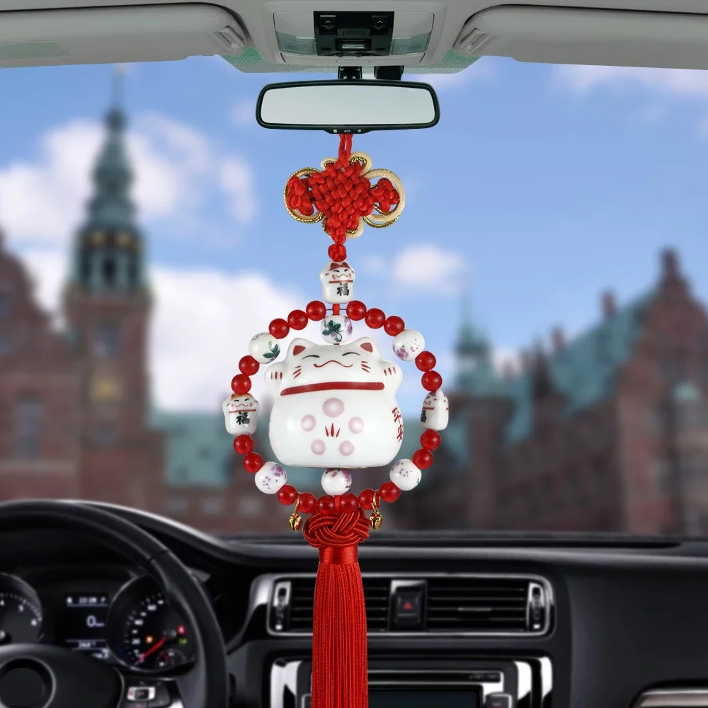 Car Pendant Smiling Lucky Cat Car Rearview Mirror Decoration Cartoon Auto Interior Tassels Ornament Accessory Dangle Trim Gift