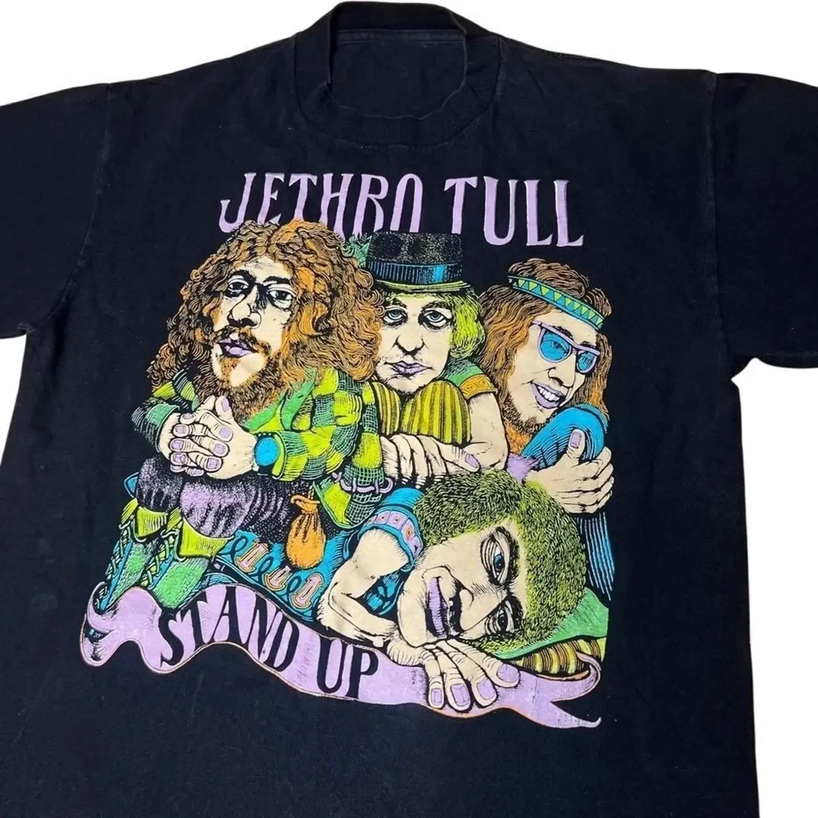 Vintage 80's Jethro Tull Stand Up Tour Rock Band Black T Shirt AD268 vintage Washed Casual Comfortable Breathable