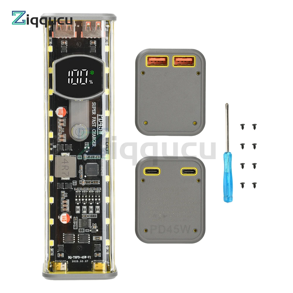 

8*18650 DIY Power Bank Case PD 45W Fast Charging Transparent Battery Storage Shell without Battery
