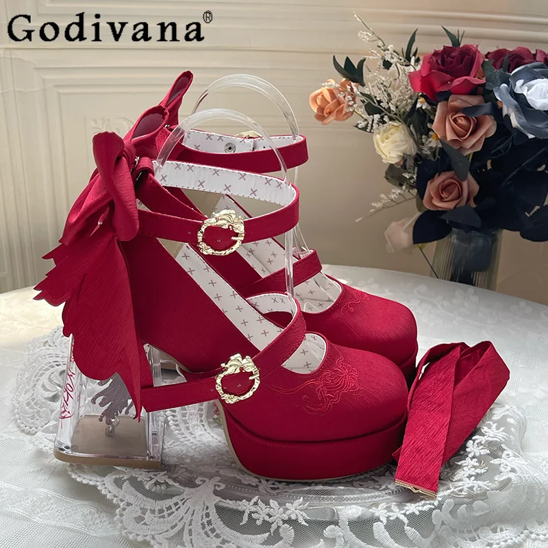 Round Toe Original Lo Shoes Women Transparent High Heel Waterproof Platform Shoes Female Bowknot Satin Mary Jane Shoes