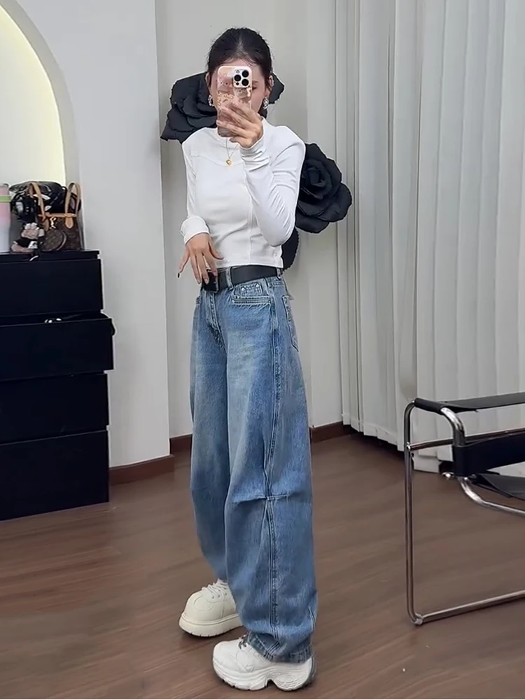 

Американские джинсы с высокой талией и широкими штанинами, женские, весна 2025, новинка, с дизайнерскими складками, свободные, струящиеся, длинные брюки