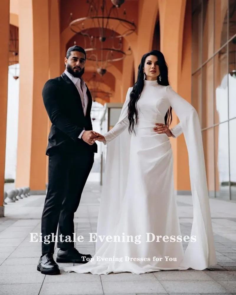 Eightale アラビアのウェディングドレス ハイネック ロング キャップ スリーブ カスタマイズされた Strethcy サテン イスラム教徒マーメイド ブライダル ガウン ローブ デ マリー