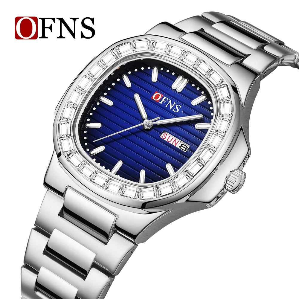 2026 New Fashion Ofns Top Brand 1522 Casual Men's Diamond Inlaid Waterproof Calendar Trend Full Stainless Steel  Quartz Watches
